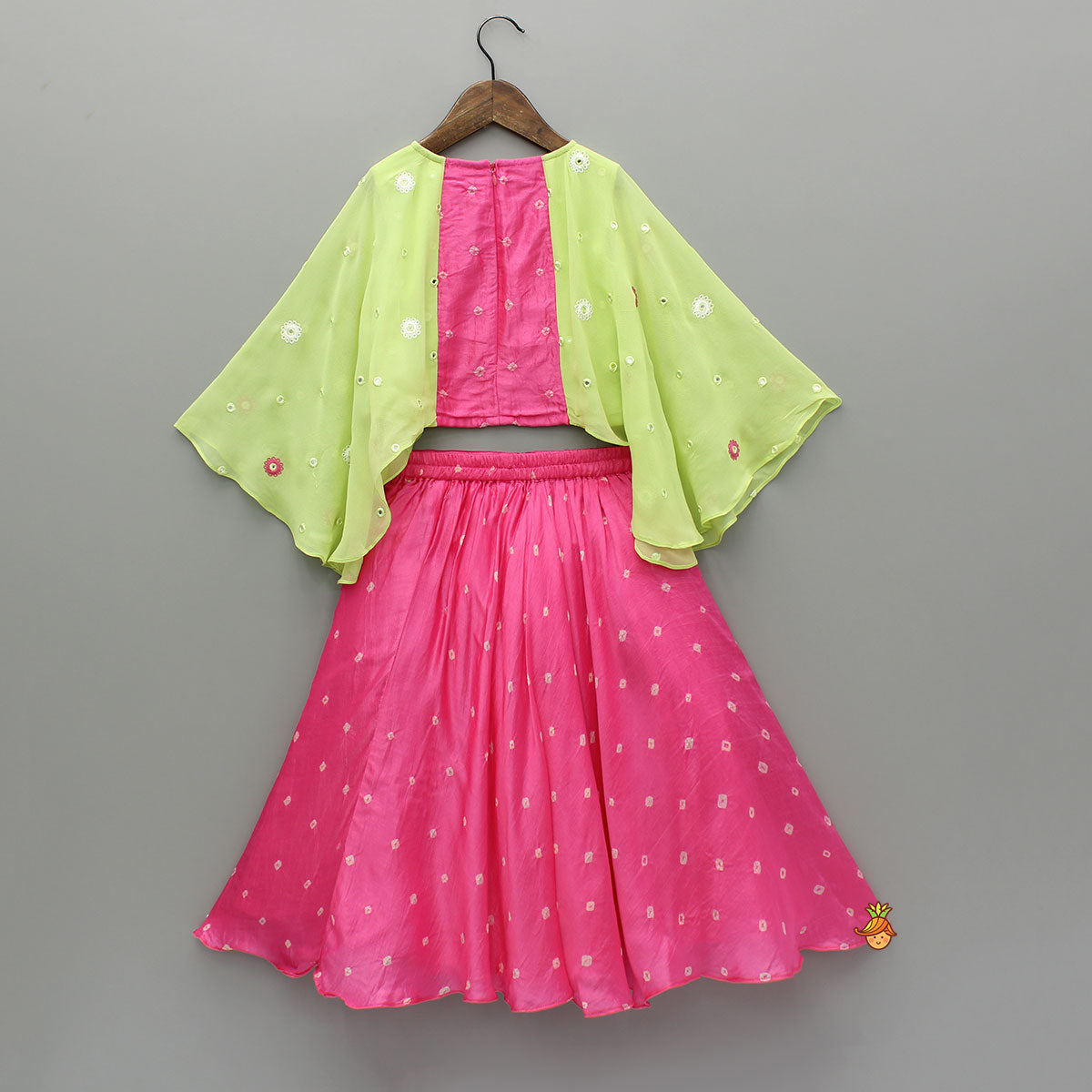 Pre Order: Pink Printed Embroidered Top With Green Contrast Flared Sleeves And Lehenga