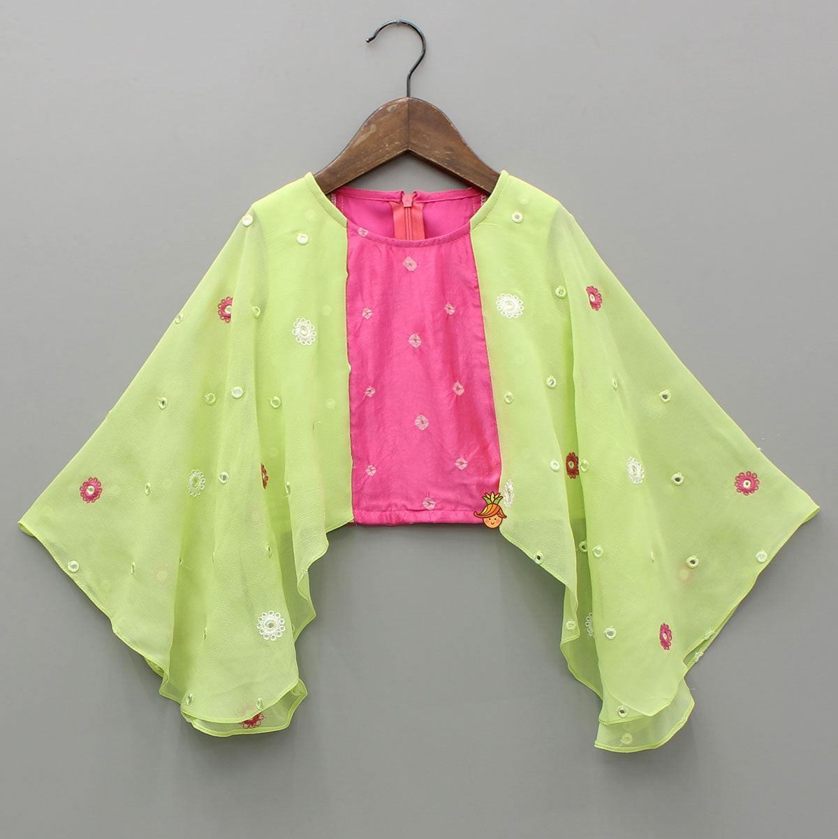 Pre Order: Pink Printed Embroidered Top With Green Contrast Flared Sleeves And Lehenga