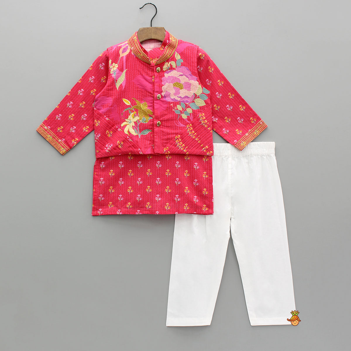 Pre Order: Floral Printed Kurta And Jacket With Pyjama