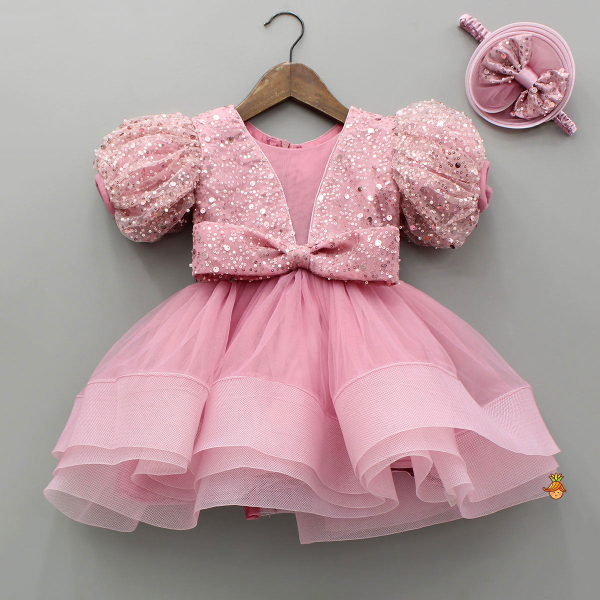 Pre Order: Sequined Detailed Layered Pink Dress With Bows And Matching Swirled Bow Headband