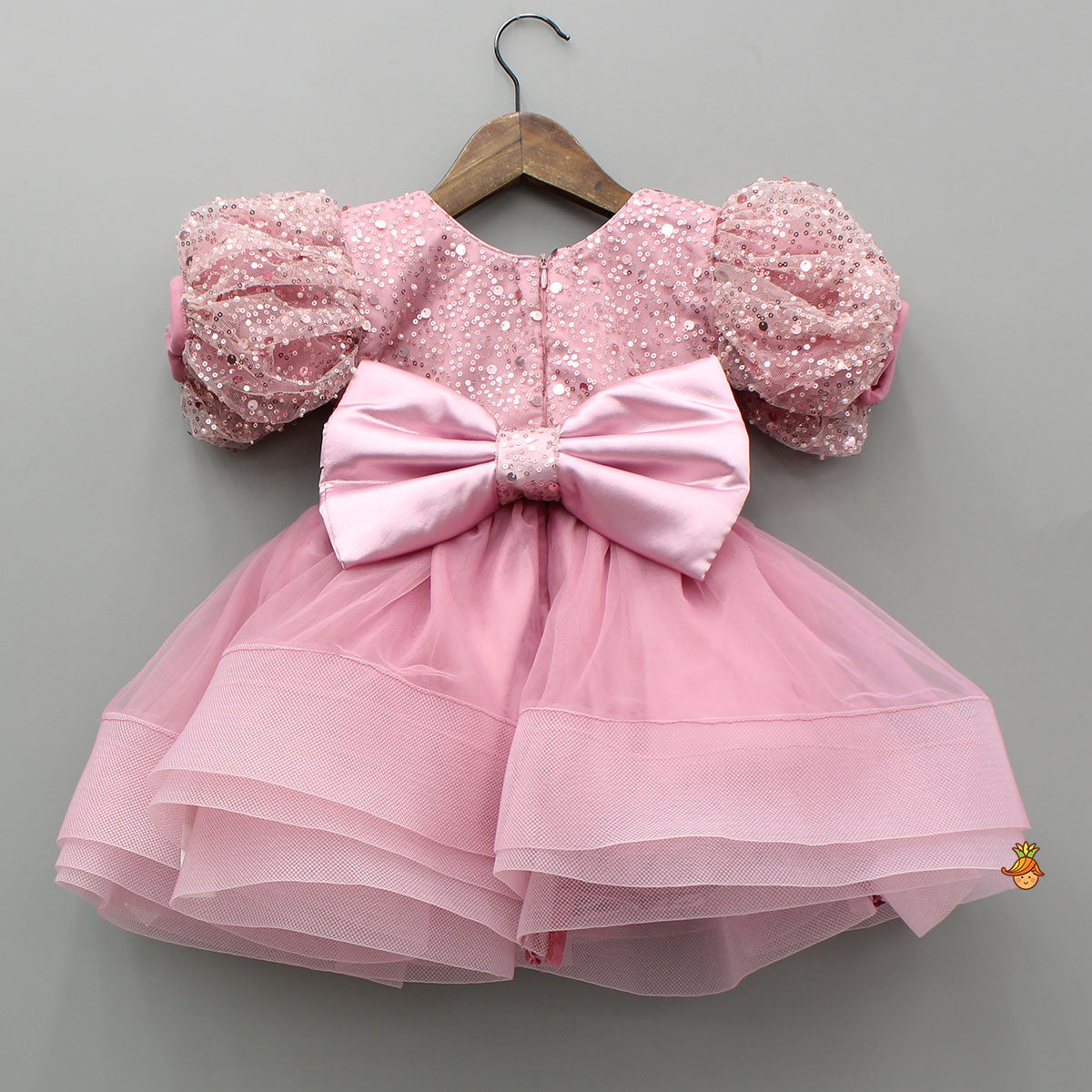 Pre Order: Sequined Detailed Layered Pink Dress With Bows And Matching Swirled Bow Headband