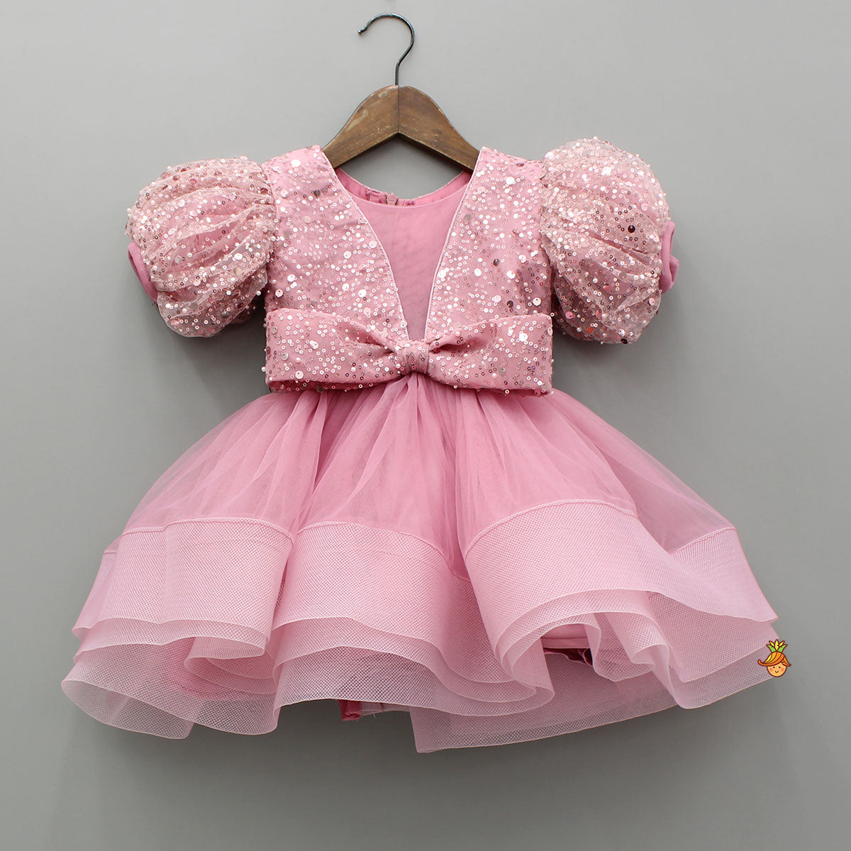 Pre Order: Sequined Detailed Layered Pink Dress With Bows And Matching Swirled Bow Headband