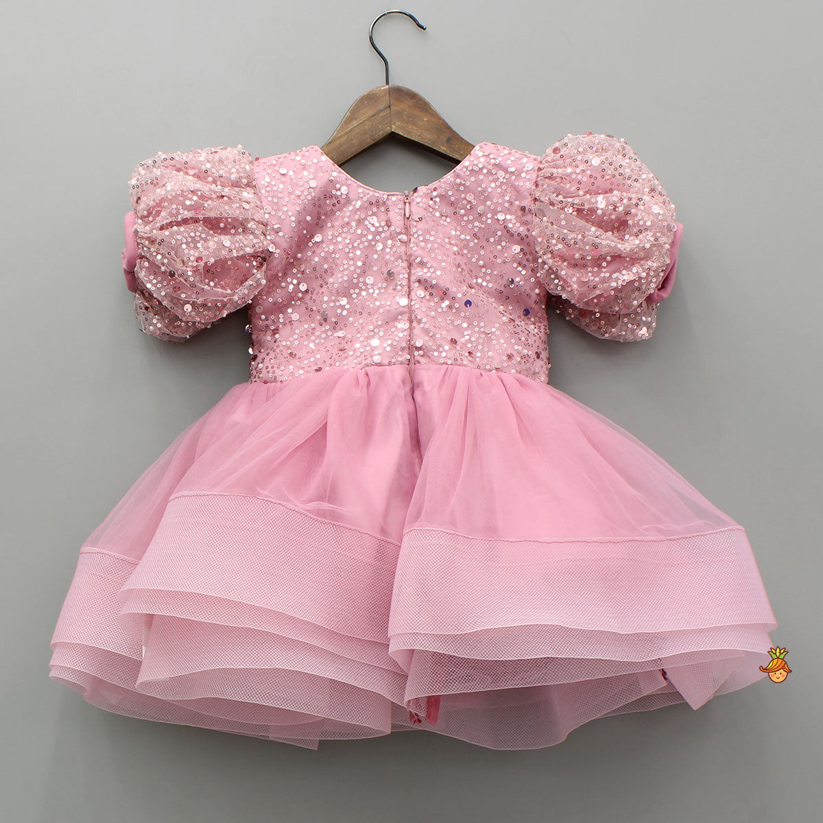 Pre Order: Sequined Detailed Layered Pink Dress With Bows And Matching Swirled Bow Headband