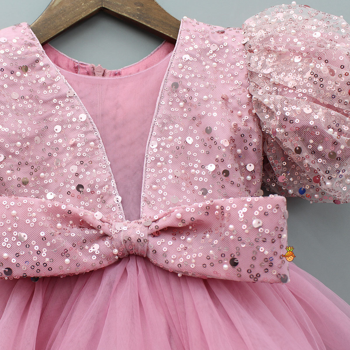 Pre Order: Sequined Detailed Layered Pink Dress With Bows And Matching Swirled Bow Headband