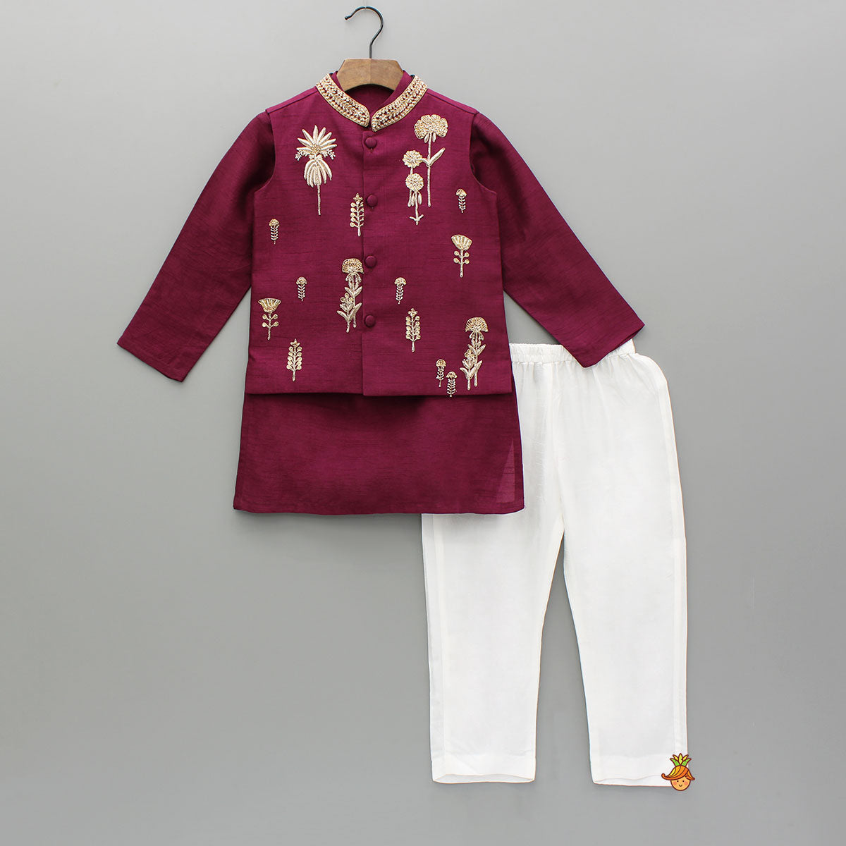 Pre Order: Maroon Kurta With Embroidered Jacket And Pyjama