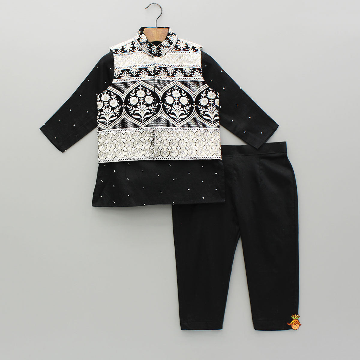 Pre Order: Black Embroidered Kurta And Jacket With Pant