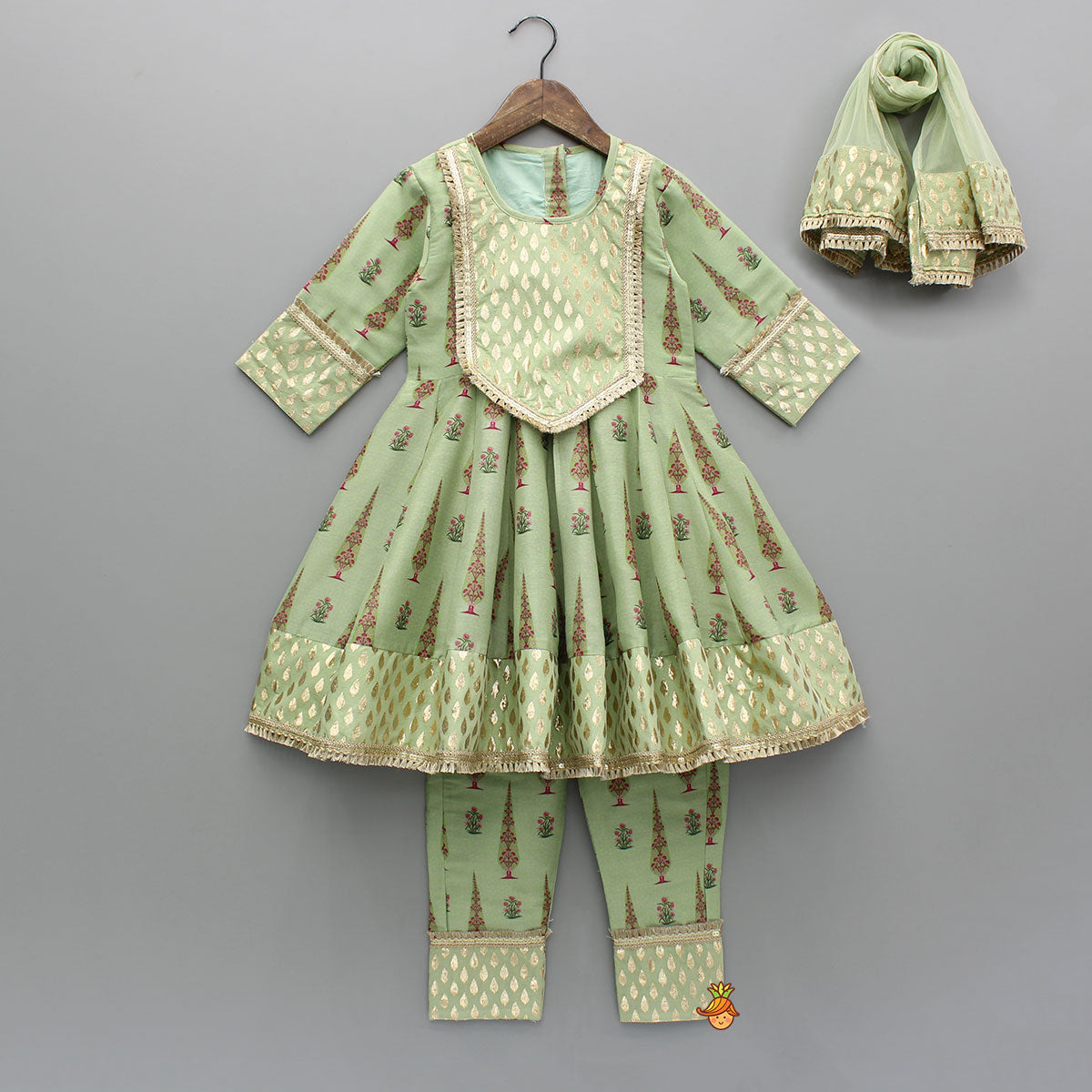 Pre Order: Chanderi Printed Long Kurti And Pant With Dupatta