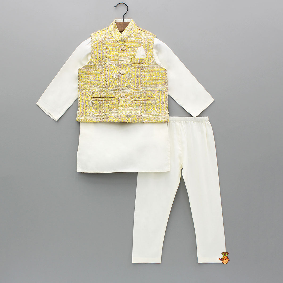 Pre Order: Off White Kurta With Embroidered Jacket And Pyjama