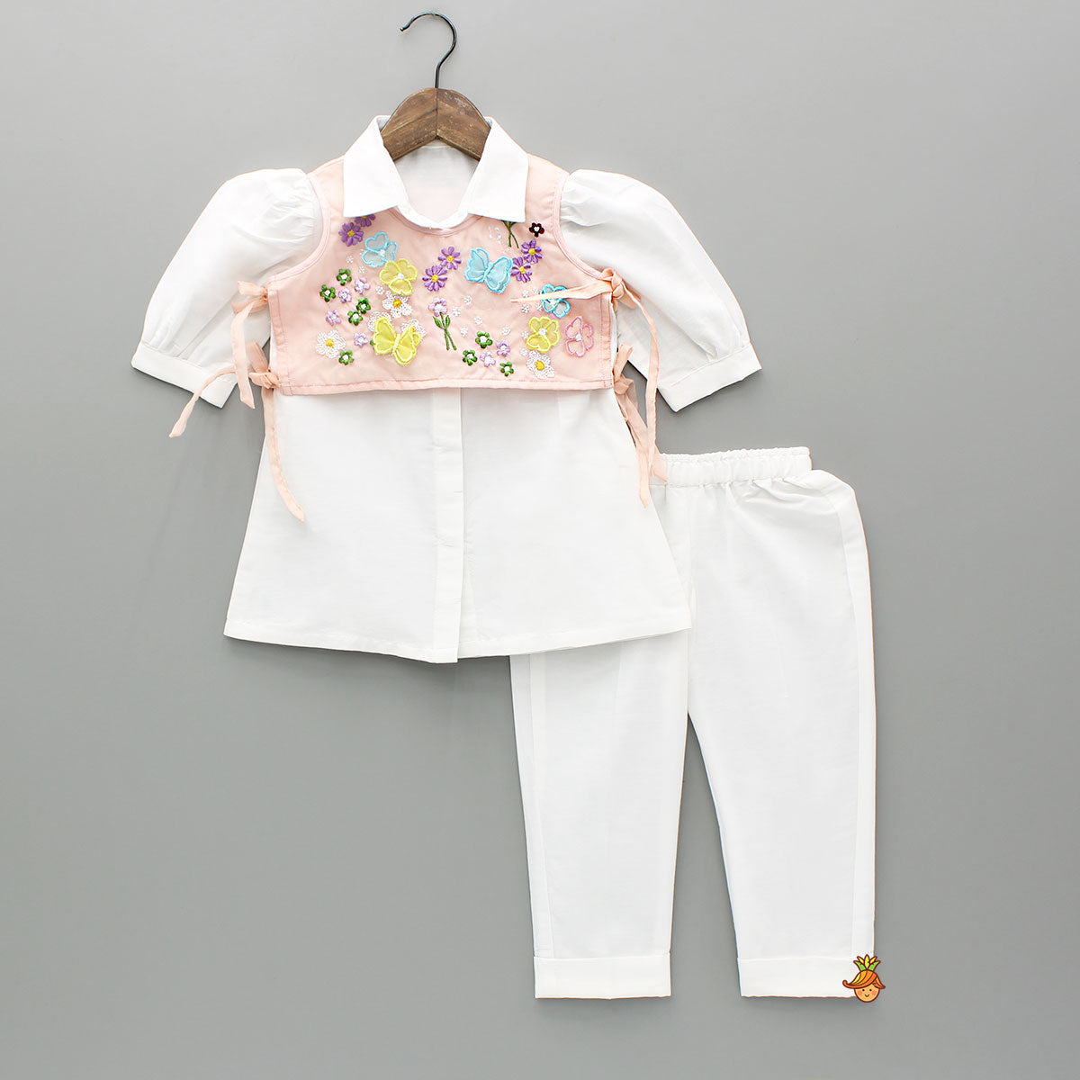 Pre Order: Elegant Shirt Style Top With Peach Embroidered Embellished Jacket And Pant