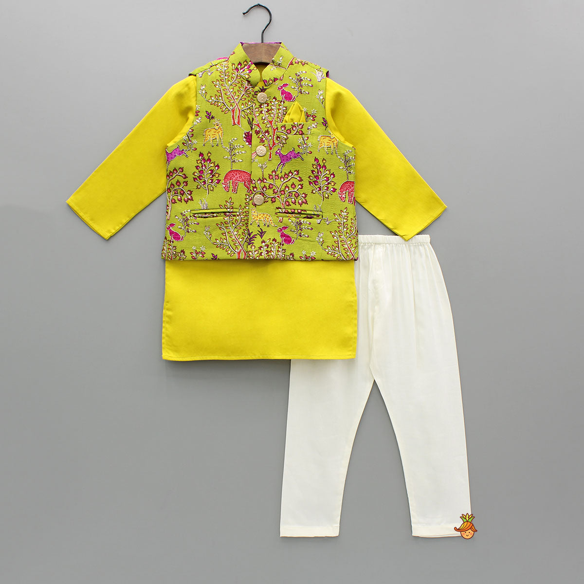 Pre Order: Mustard Kurta With Embroidered Printed Jacket And Pyjama