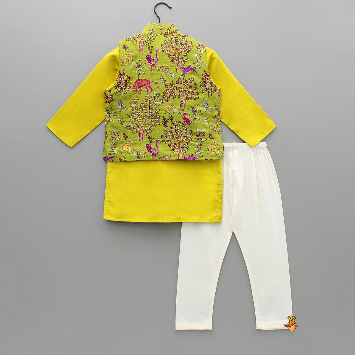 Pre Order: Mustard Kurta With Embroidered Printed Jacket And Pyjama