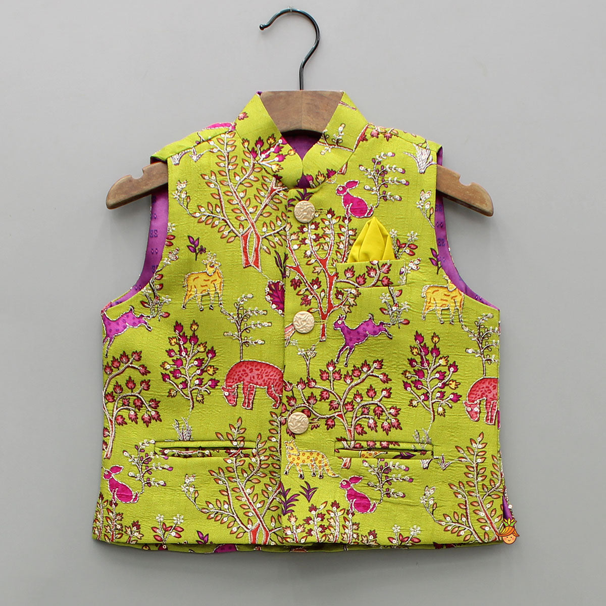 Pre Order: Mustard Kurta With Embroidered Printed Jacket And Pyjama