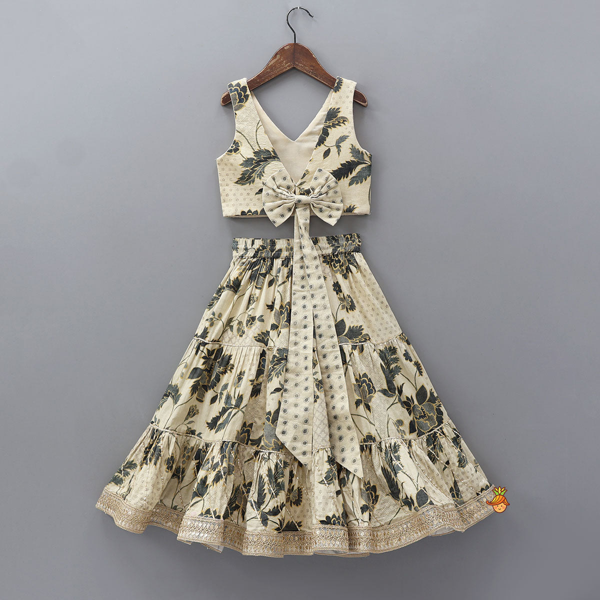 Pre Order: Printed Gota Lace Detailed Top And Tiered Lehenga