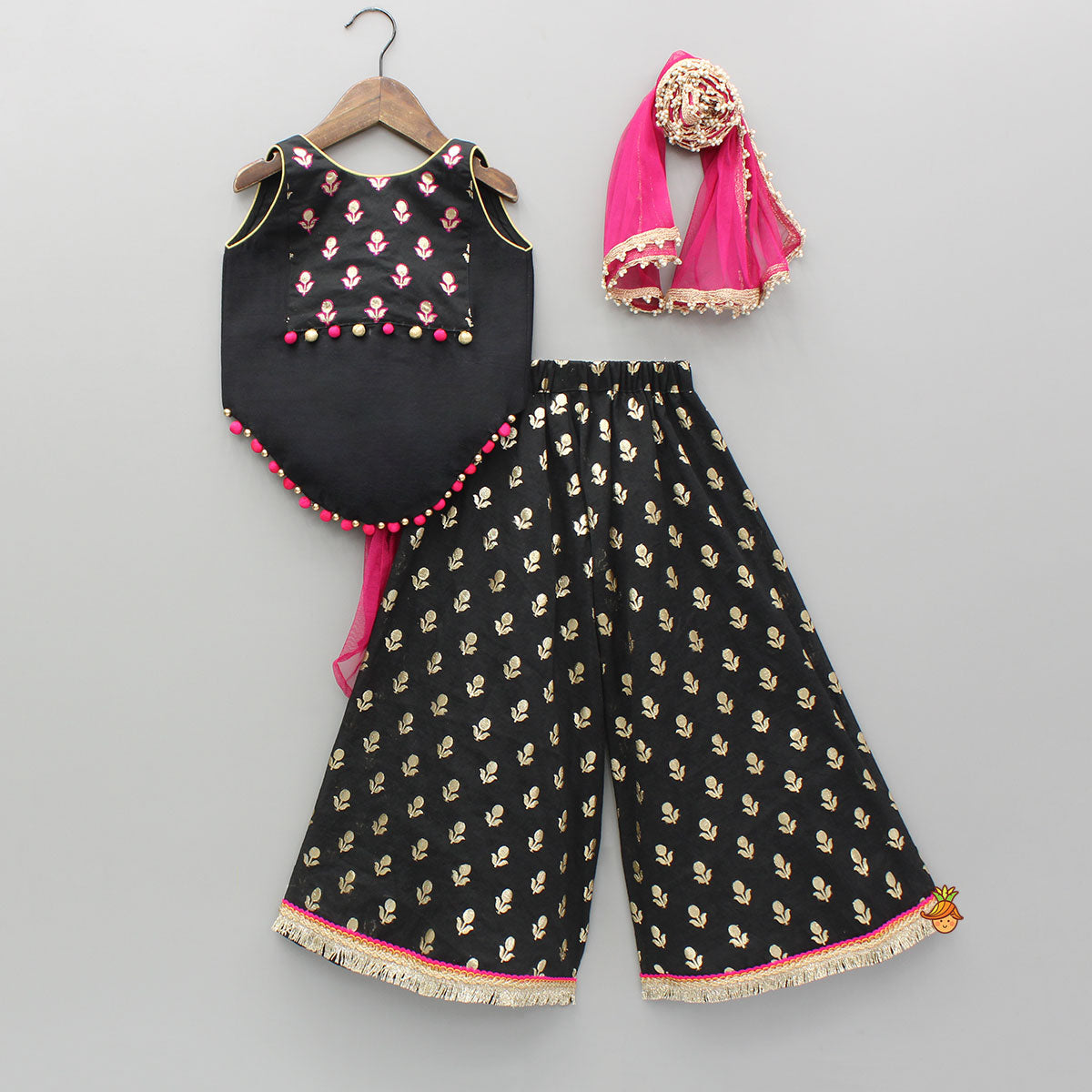 Pre Order: Black Chanderi Embroidered Top And Palazzo With Dupatta