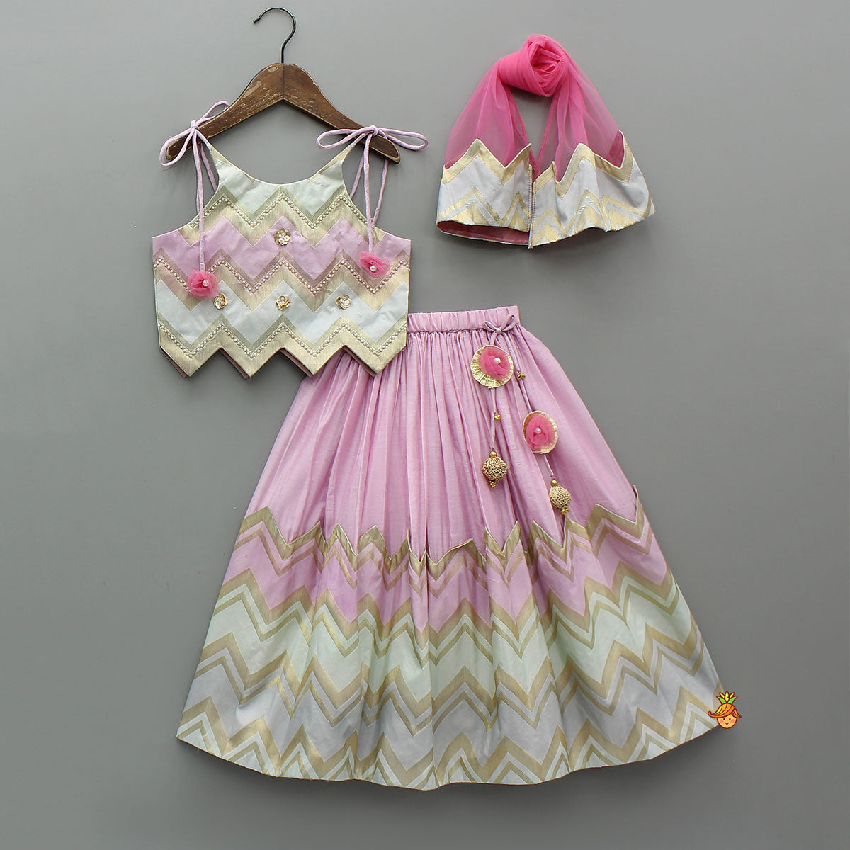 Pre Order: Lavender Embroidered Tie up Strap Top And Lehenga With Dupatta