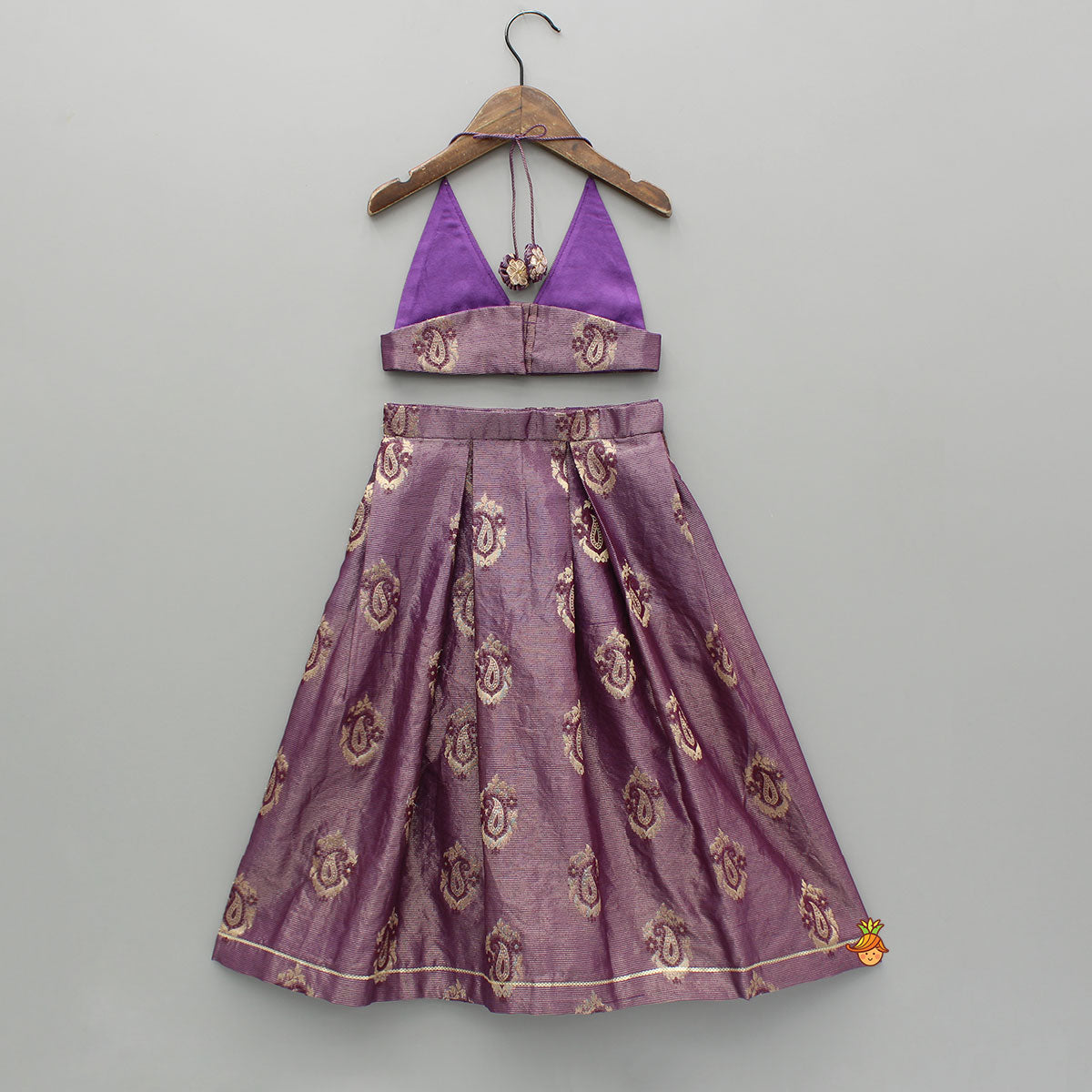 Pre Order: Purple Chanderi Embroidered Halter Neck Backless Top And Lehenga