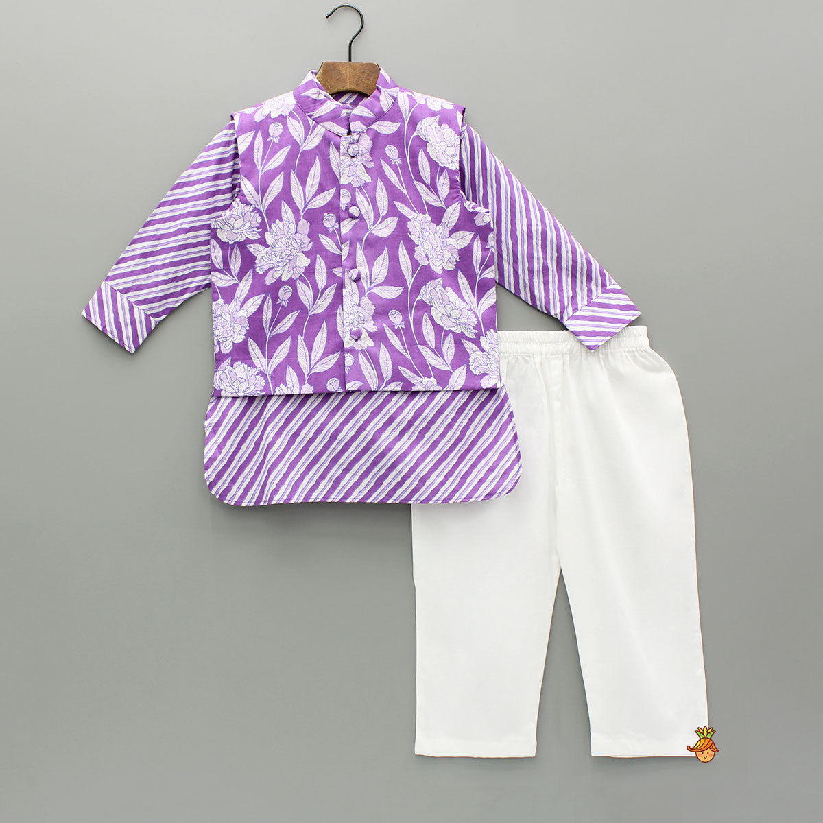 Pre Order: Purple Striped Kurta And Floral Printed Jacket With Pyjama