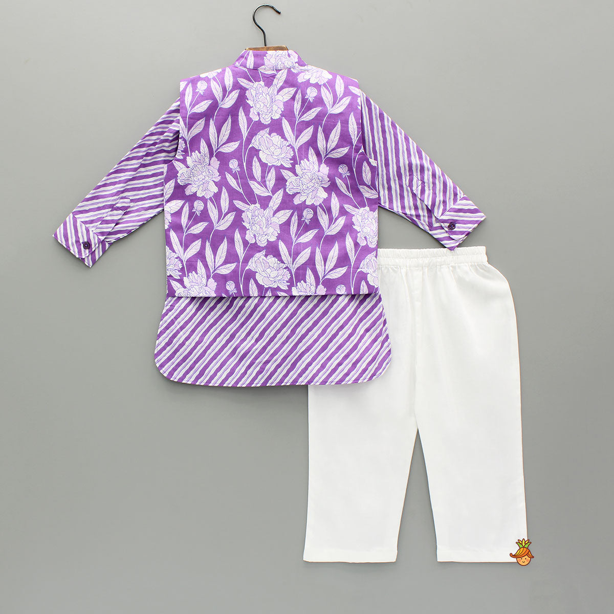 Pre Order: Purple Striped Kurta And Floral Printed Jacket With Pyjama