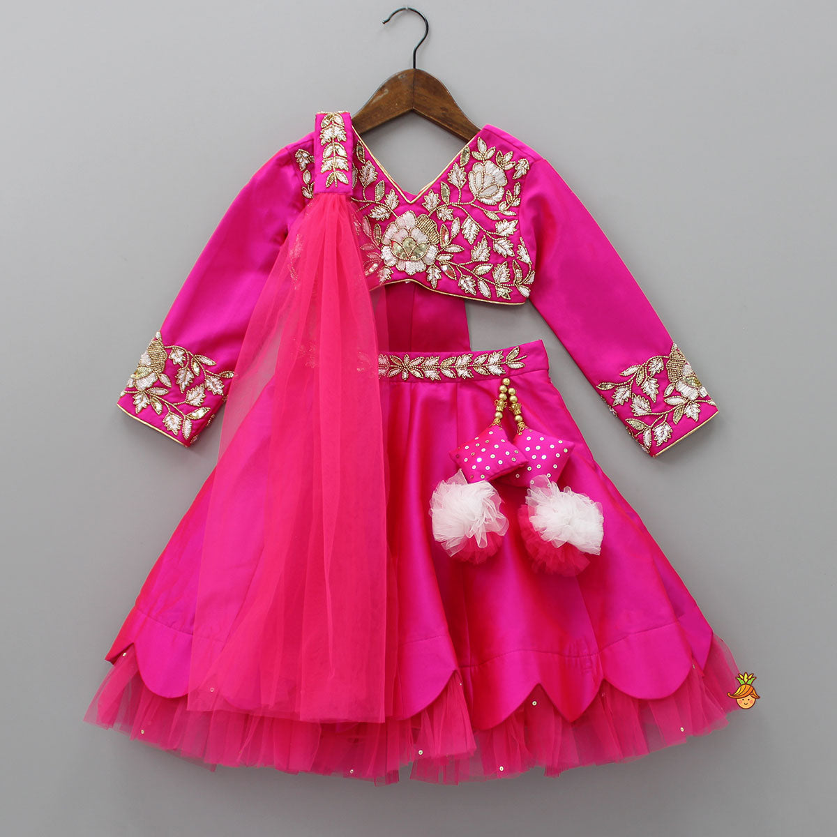 Pre Order: Pink Embroidered Top And Scalloped Hem Lehenga With Dupatta