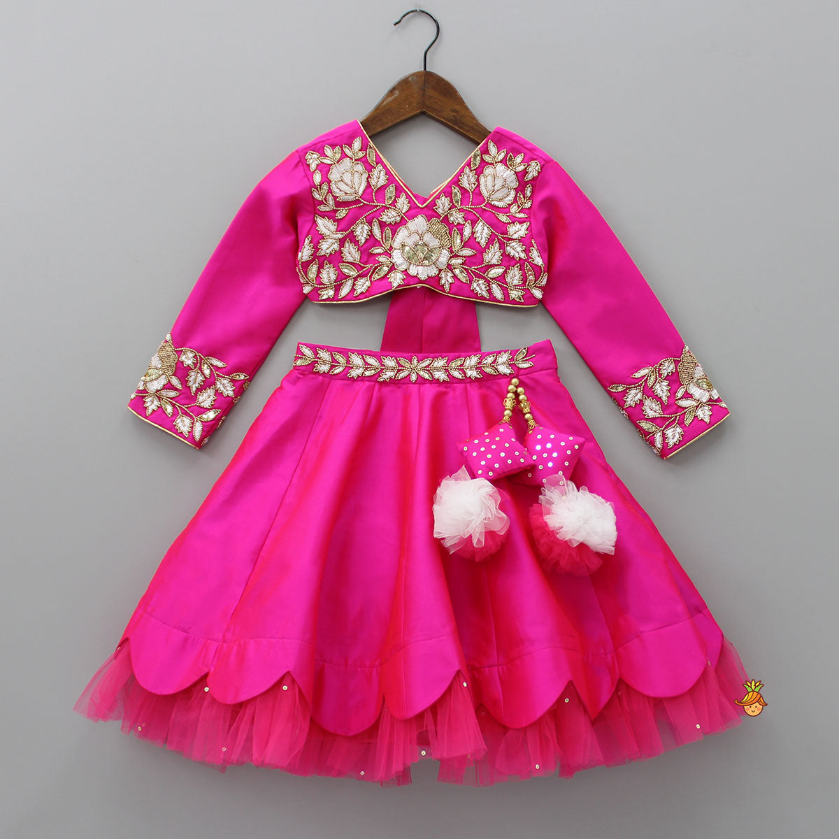 Pre Order: Pink Embroidered Top And Scalloped Hem Lehenga With Dupatta