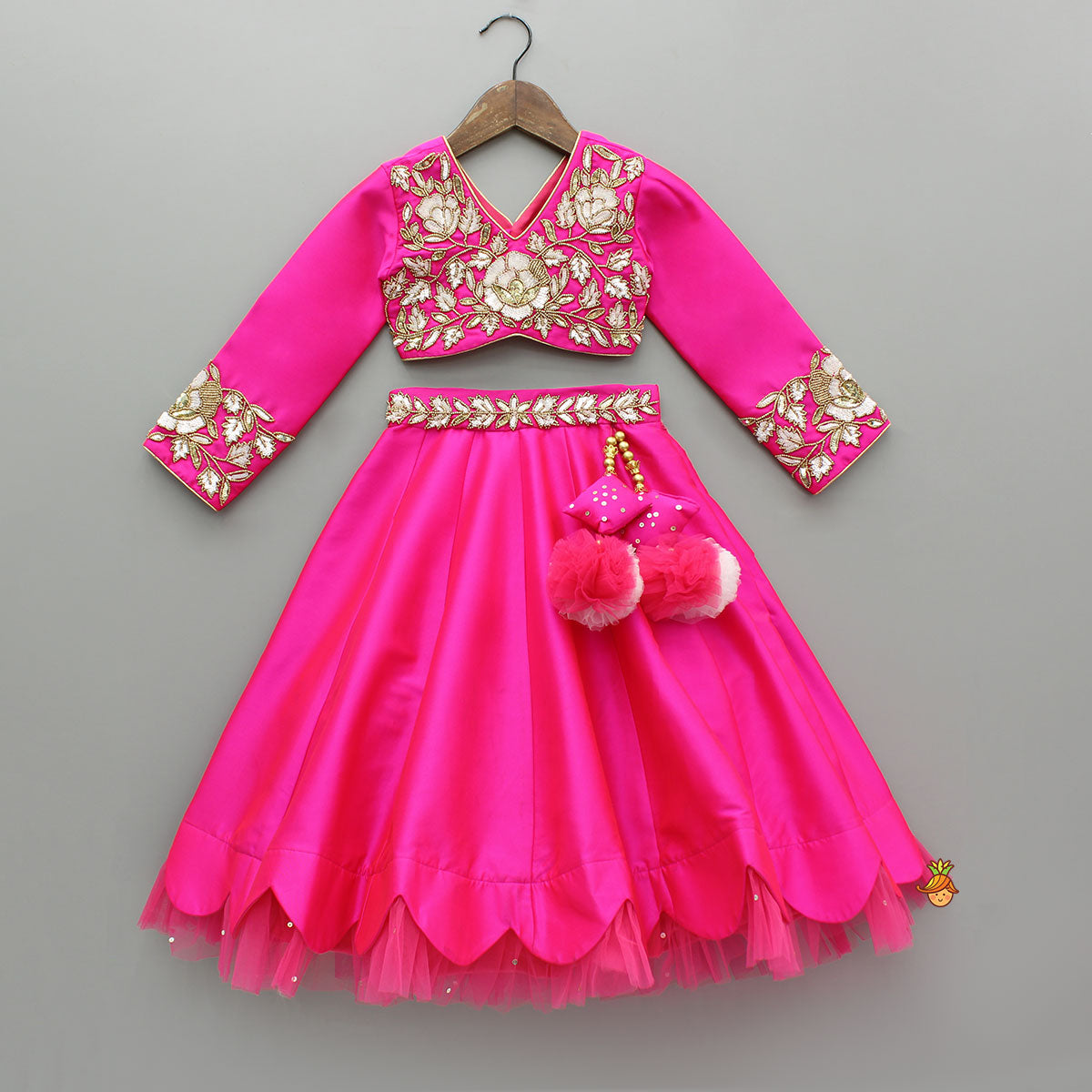 Pre Order: Pink Embroidered Top And Scalloped Hem Lehenga With Dupatta