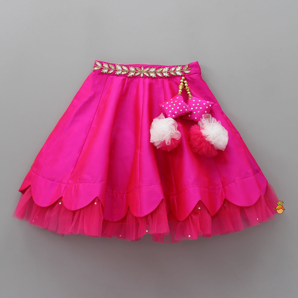 Pre Order: Pink Embroidered Top And Scalloped Hem Lehenga With Dupatta