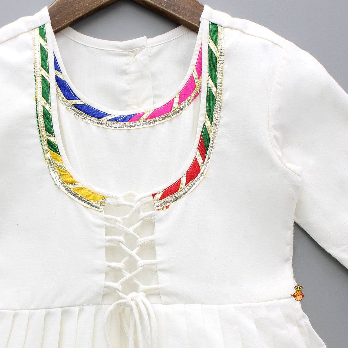 Pre Order: White Multicolour Embroidered Kurti With Gota Lace Detailing