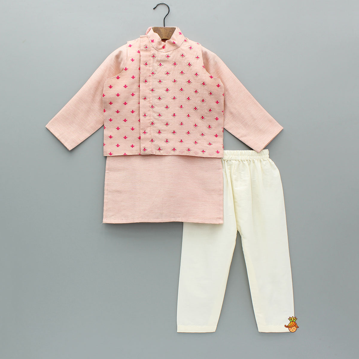 Pre Order: Pink Chanderi Kurta With Stylish Embroidered Jacket And Pyjama