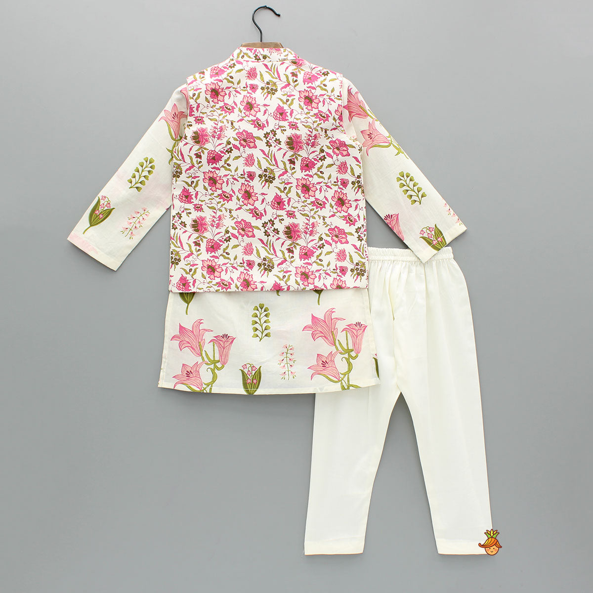 Pre Order: Pink Floral Printed Kurta With Front Open Jacket And Pyjama