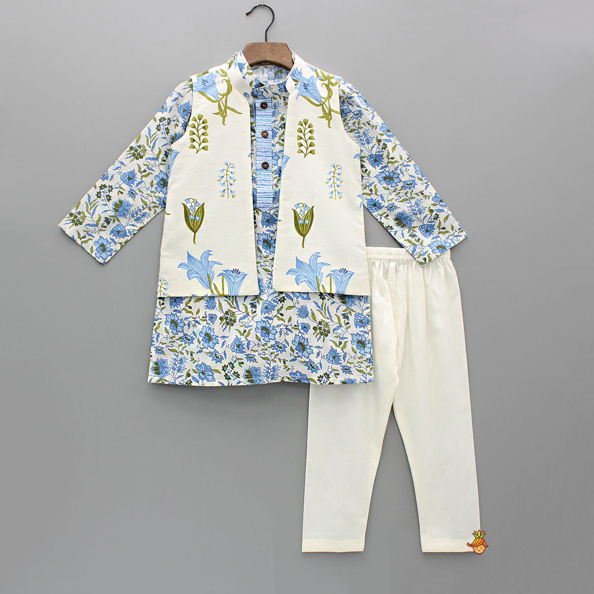 Pre Order: Blue Floral Printed Kurta With Front Open Jacket And Pyjama