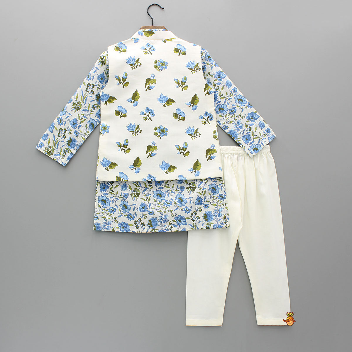 Pre Order: Blue Floral Printed Kurta With Front Open Jacket And Pyjama