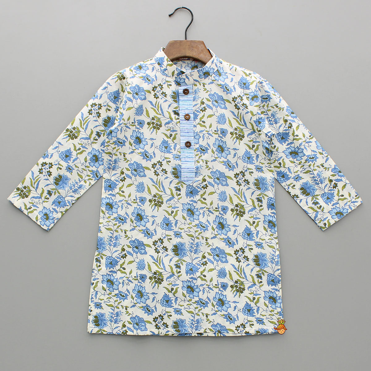 Pre Order: Blue Floral Printed Kurta With Front Open Jacket And Pyjama