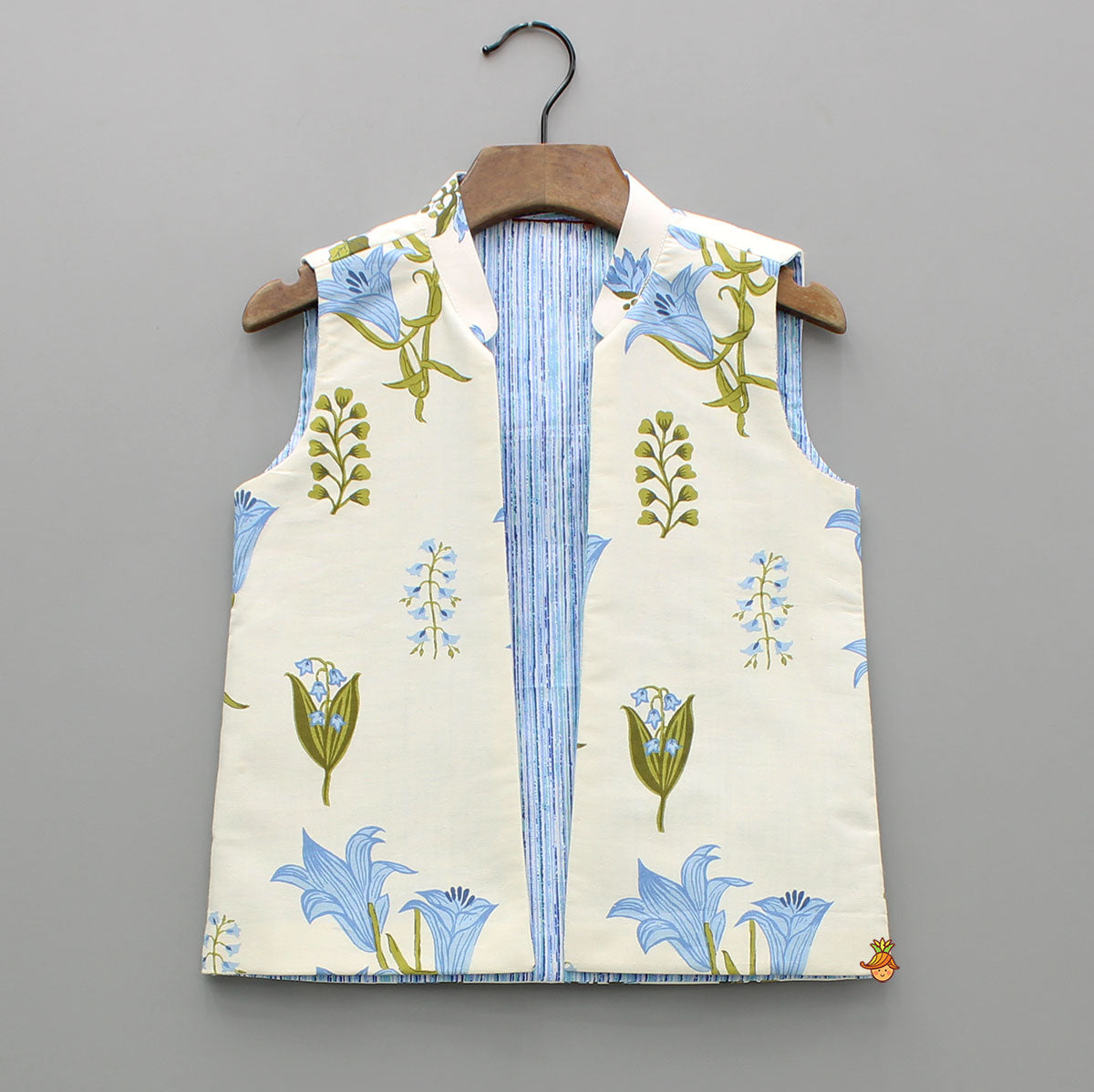 Pre Order: Blue Floral Printed Kurta With Front Open Jacket And Pyjama