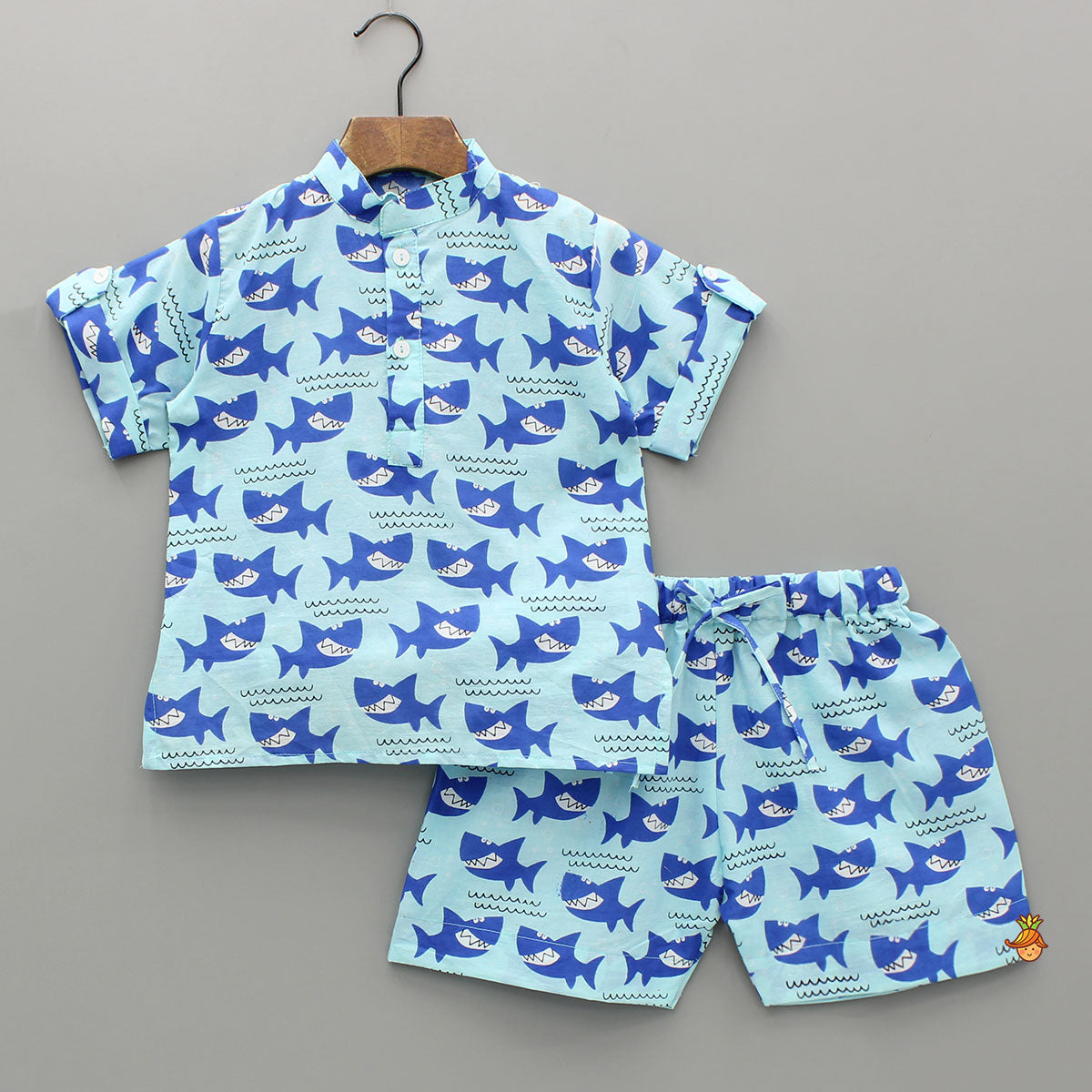 Pre Order: Blue Fish Printed Shirt And Shorts