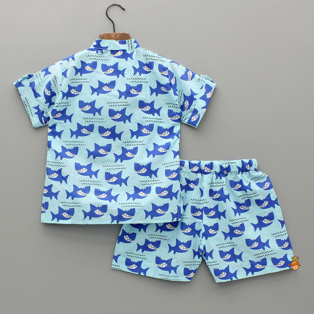 Pre Order: Blue Fish Printed Shirt And Shorts