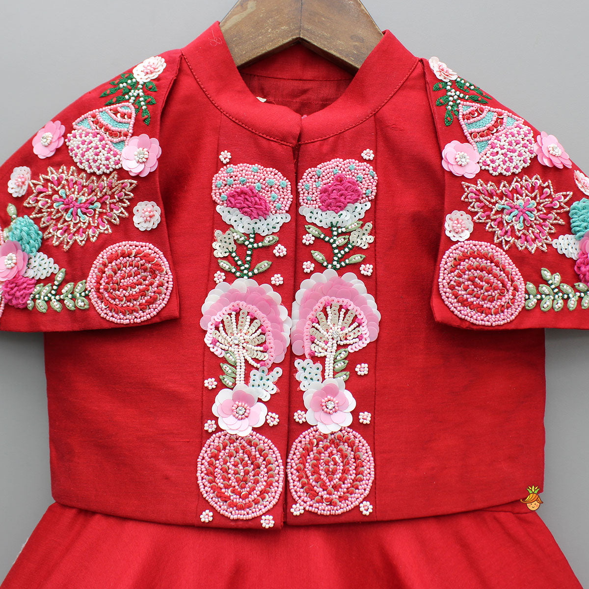 Pre Order: Red Kurti With Embroidered Shoulder Flap Jacket