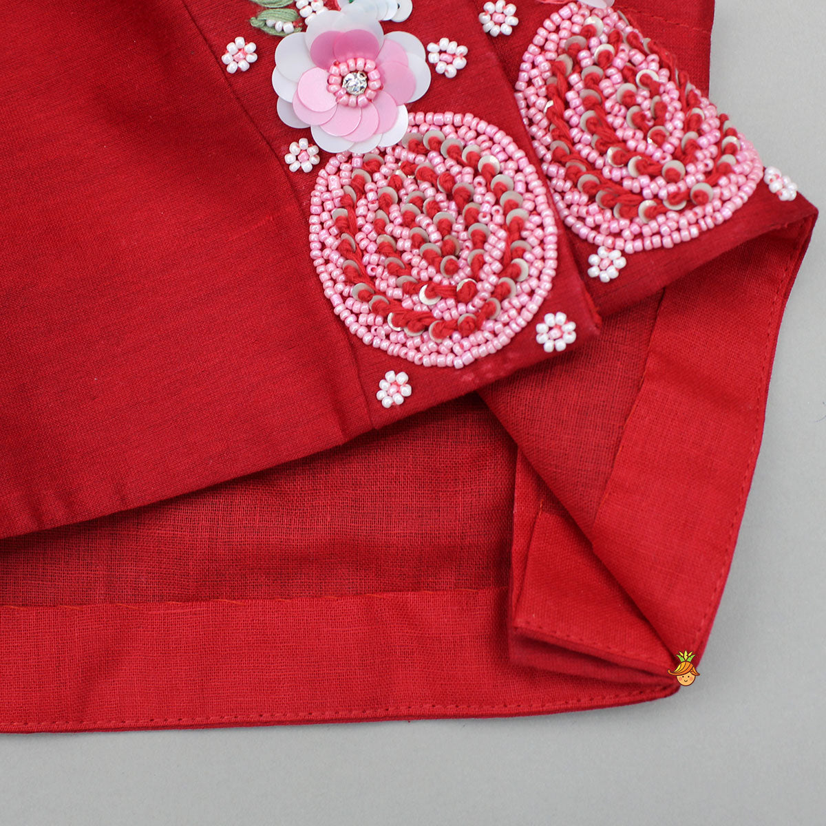 Pre Order: Red Kurti With Embroidered Shoulder Flap Jacket