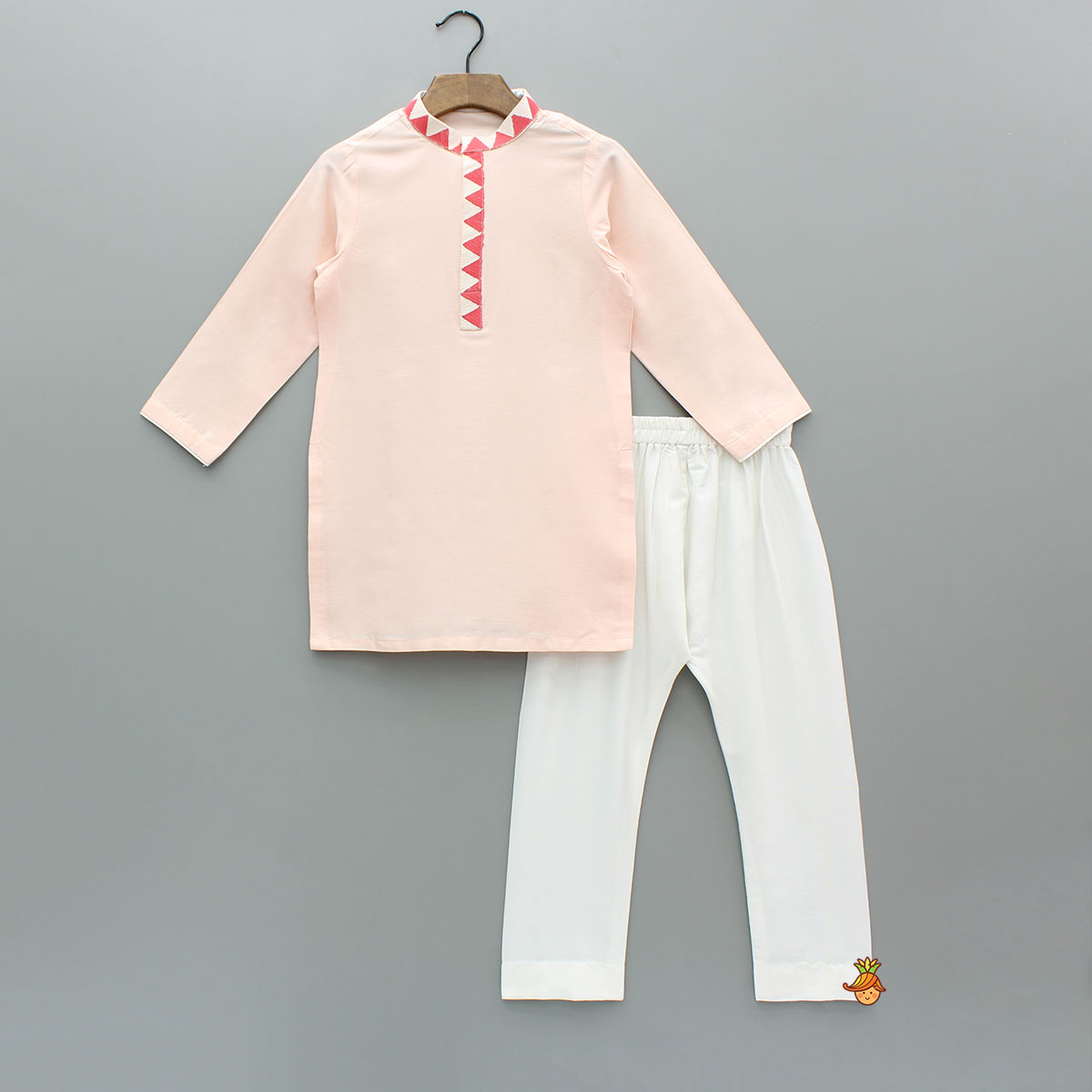 Pre Order: Peach Embroidered Kurta With Printed Jacket And Pyjama