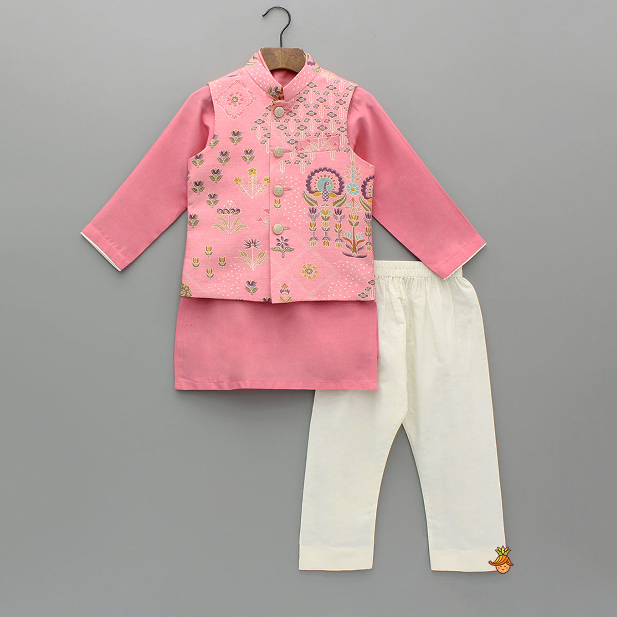 Pre Order: Pink Kurta With Printed Jacket And Pyjama