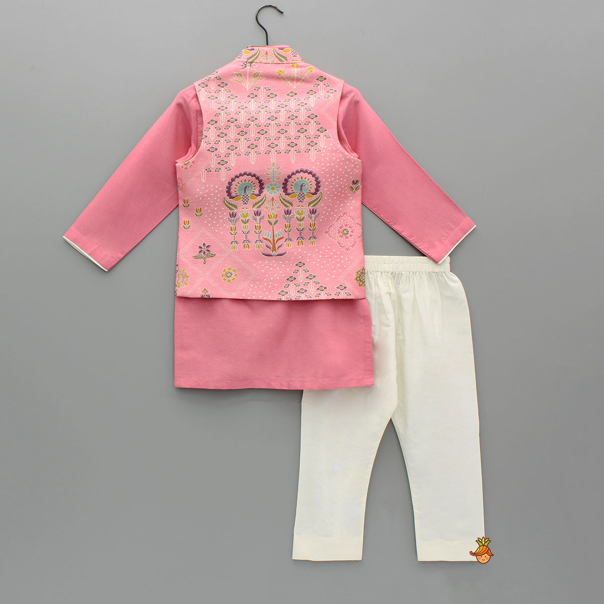 Pre Order: Pink Kurta With Printed Jacket And Pyjama