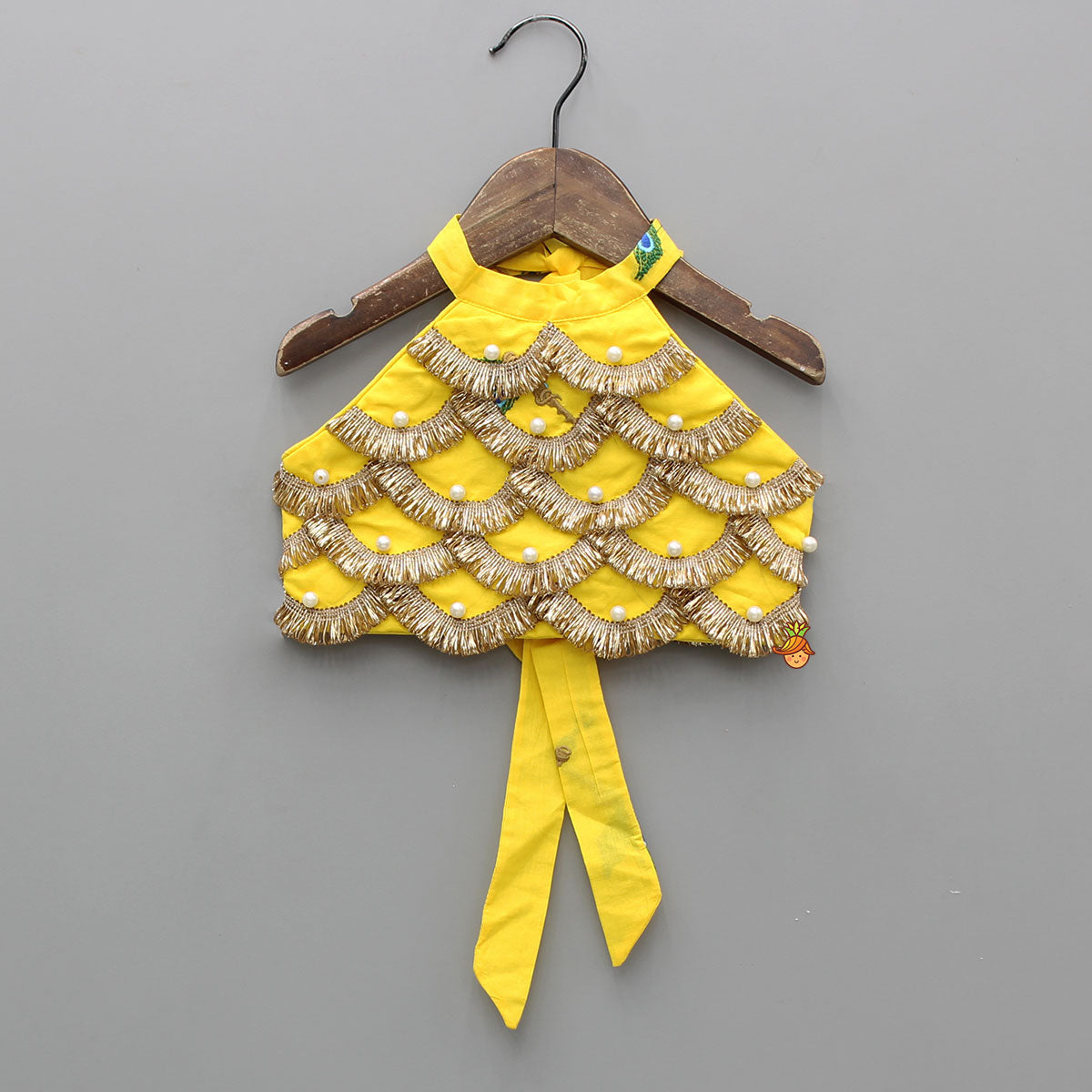 Pre Order: Yellow Embroidered Embellished Halter Neck Top And Lehenga With Head Band