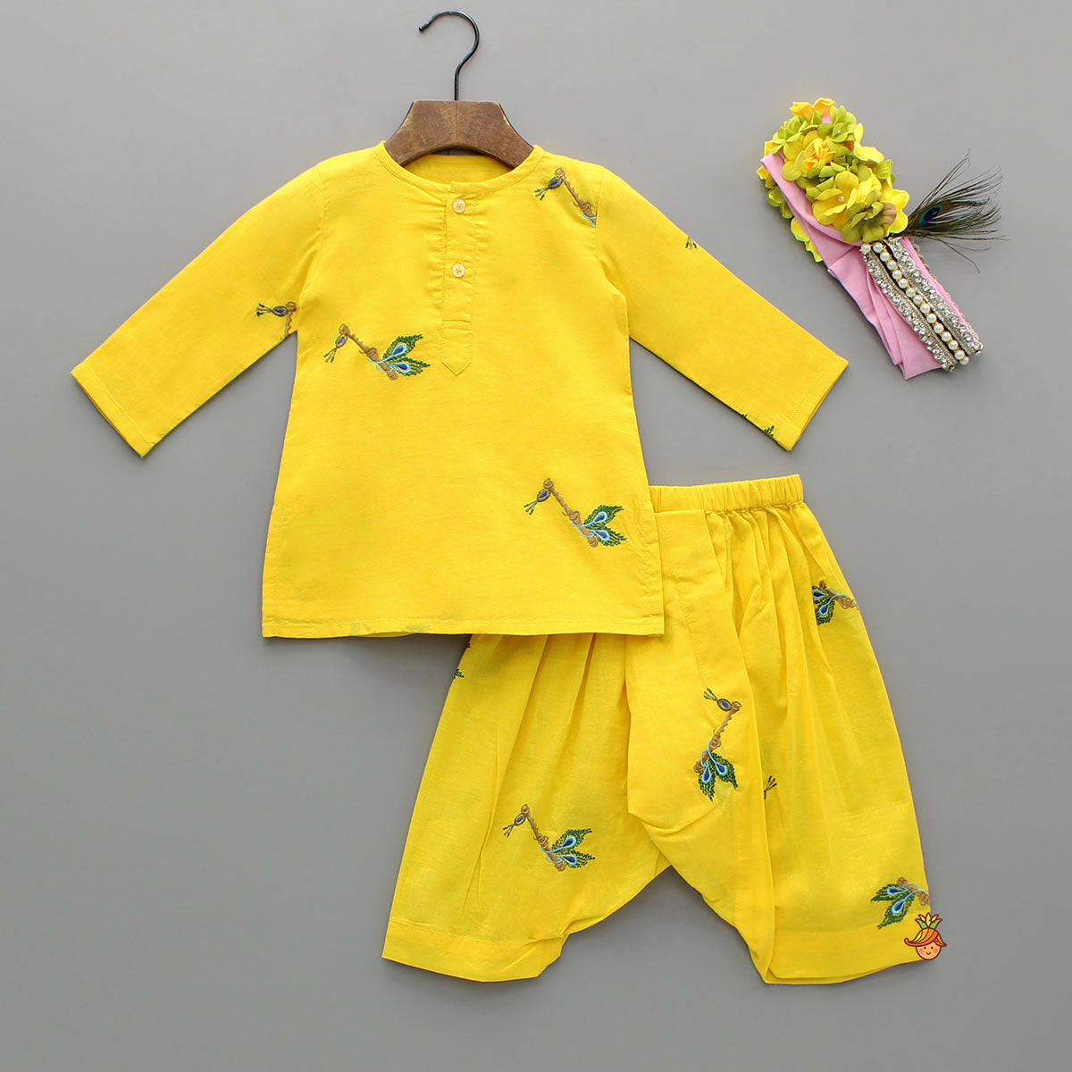 Pre Order: Yellow Embroidered Kurta And Dhoti Style Pant With Head Band