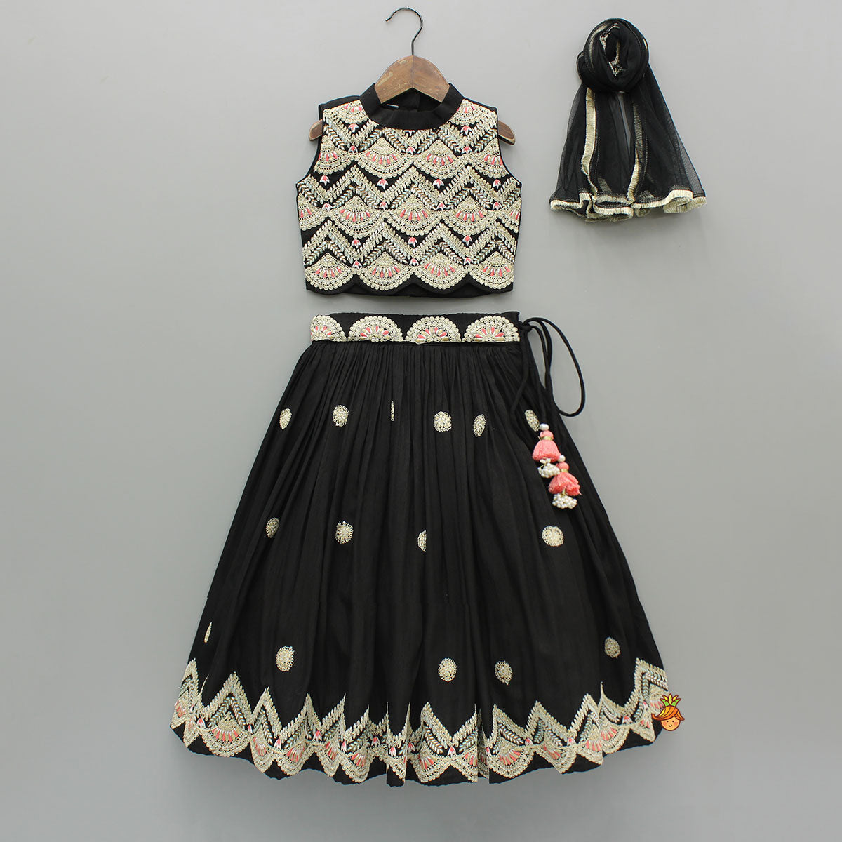 Pre Order: Black Embroidered Top And Lehenga With Dupatta