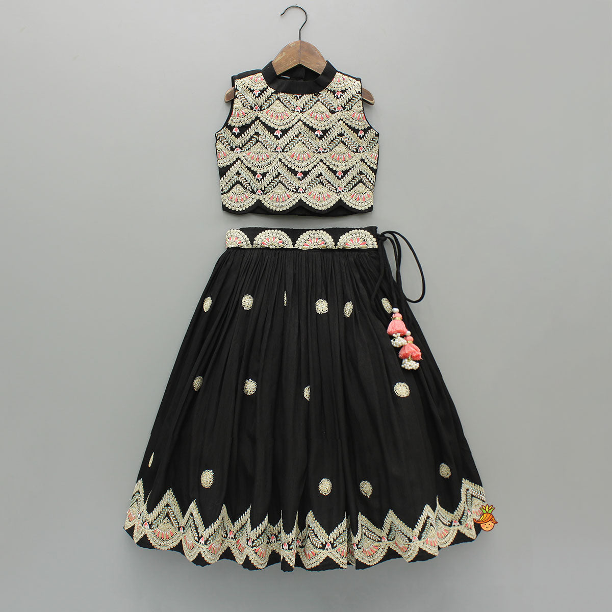 Pre Order: Black Embroidered Top And Lehenga With Dupatta