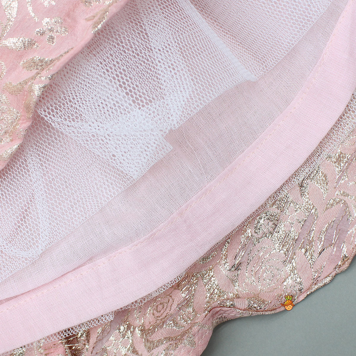 Pre Order: Pink Brocade Top With Embroidered Jacket And Lehenga