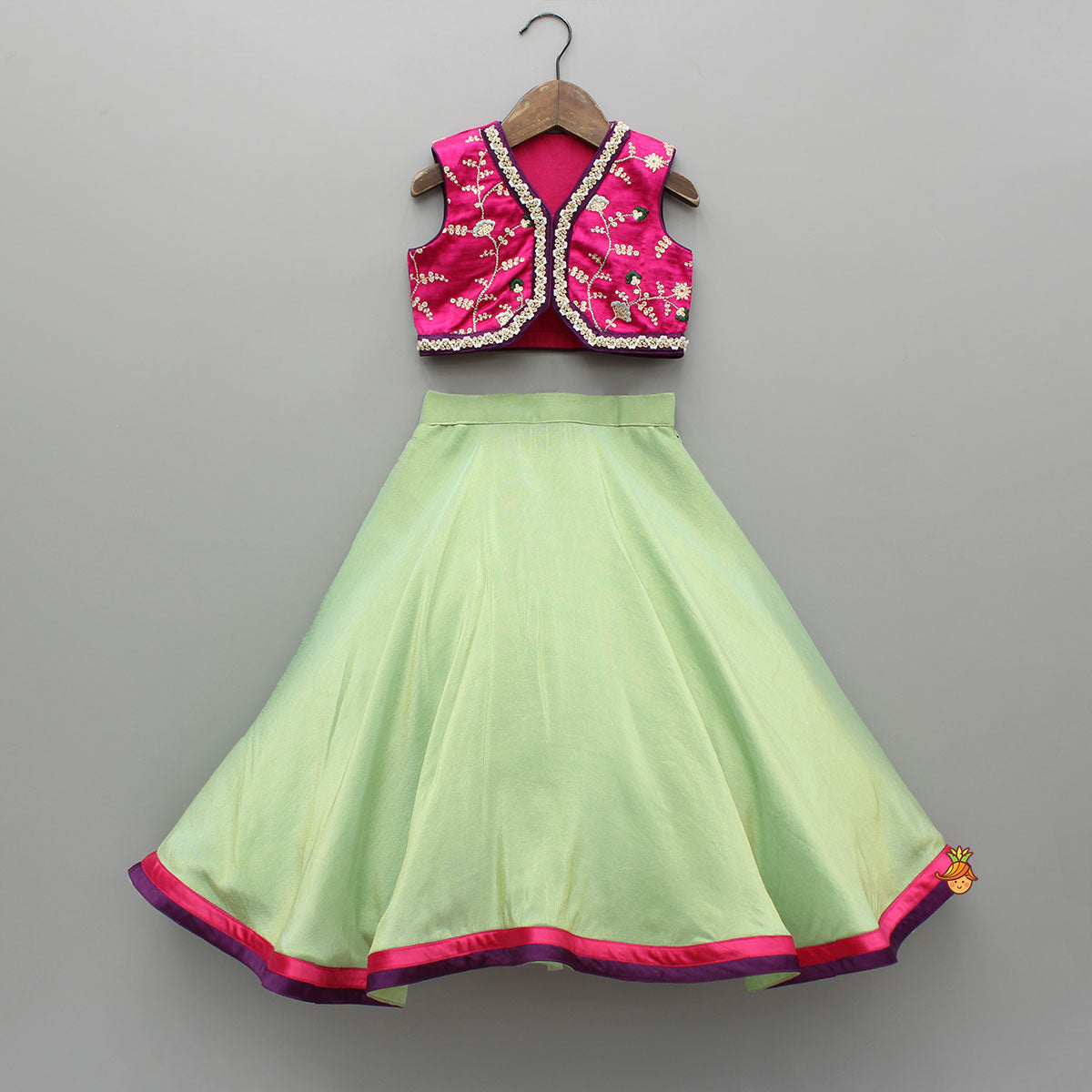 Pre Order: Pink Embroidered Top And Green Lehenga With Dupatta  And Matching Potli Bag