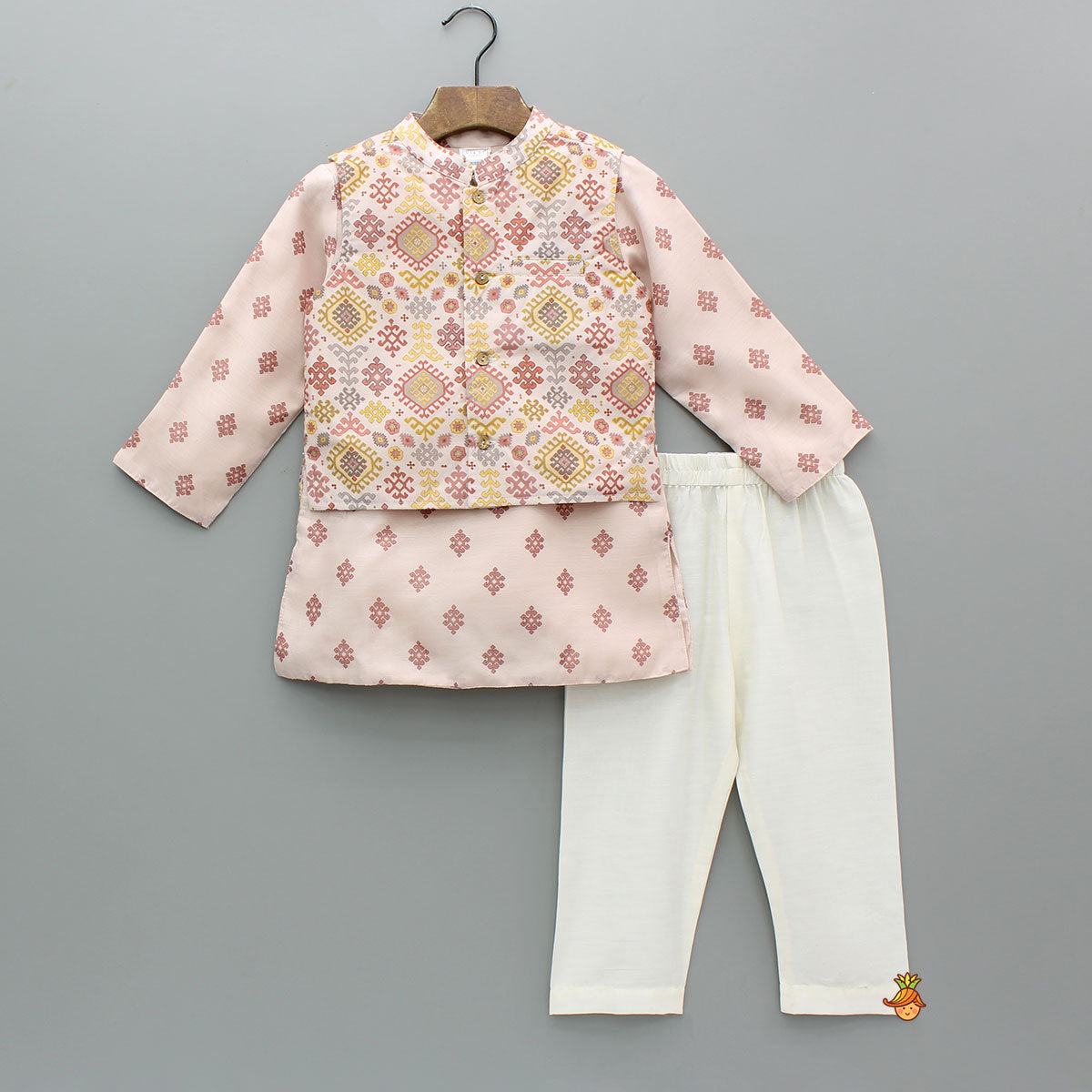 Printed Silk Kurta With Multicolor Printed Jacket And Pyjama