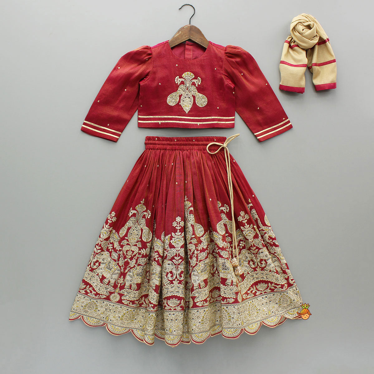 Pre Order: Maroon Embroidered Top And Lehenga With Dupatta
