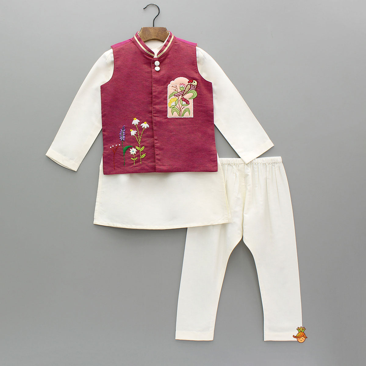 Pre Order: Off White Kurta With Thread Embroidered Pink Shimmery Jacket And Pyjama