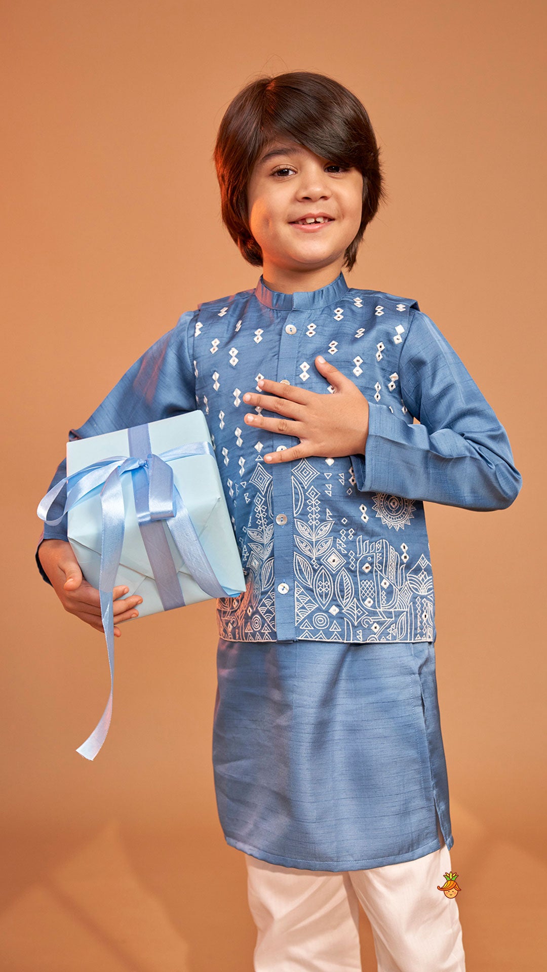 Pre Order: Blue Kurta With Embroidered Jacket And Pyjama